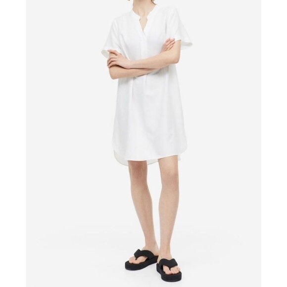 H&M Popover Shift Mini Dress V Neck Short Sleeve Linen Blend Breathable Vacay Mi - Picture 1 of 11